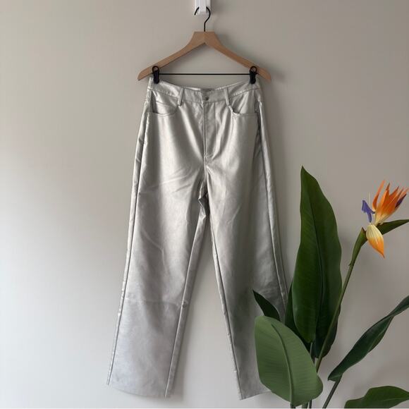 Wayf Silver Metallic Pants straight leg futuristic zip button pockets belt loops - Picture 2 of 12